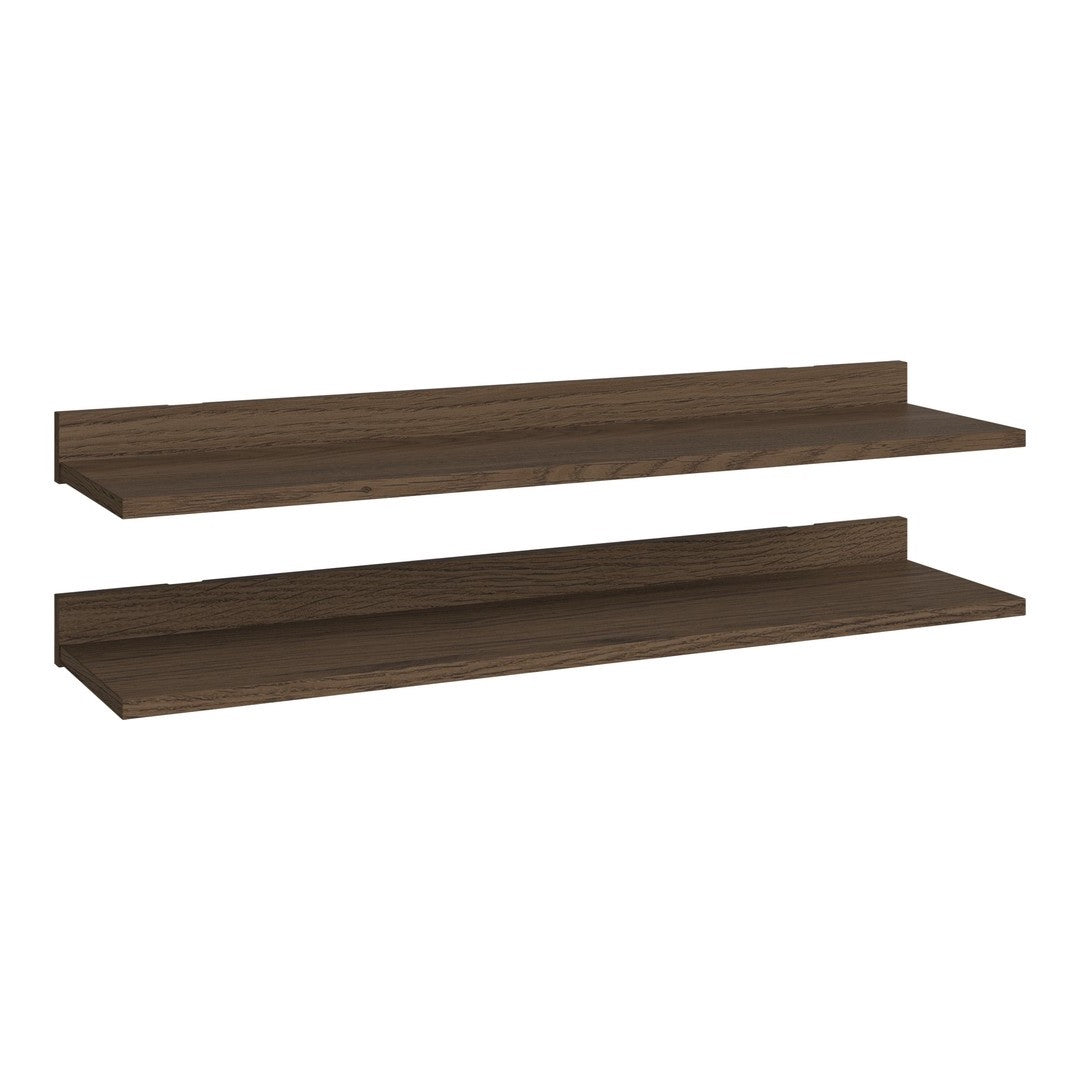 Dark walnut wood floating shelves with a smooth, matte finish and simple rectangular design. Ideal for modern decor.
