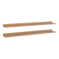 Light wood floating shelves featuring a smooth, minimalist design with a natural finish. Ideal for modern decor.
