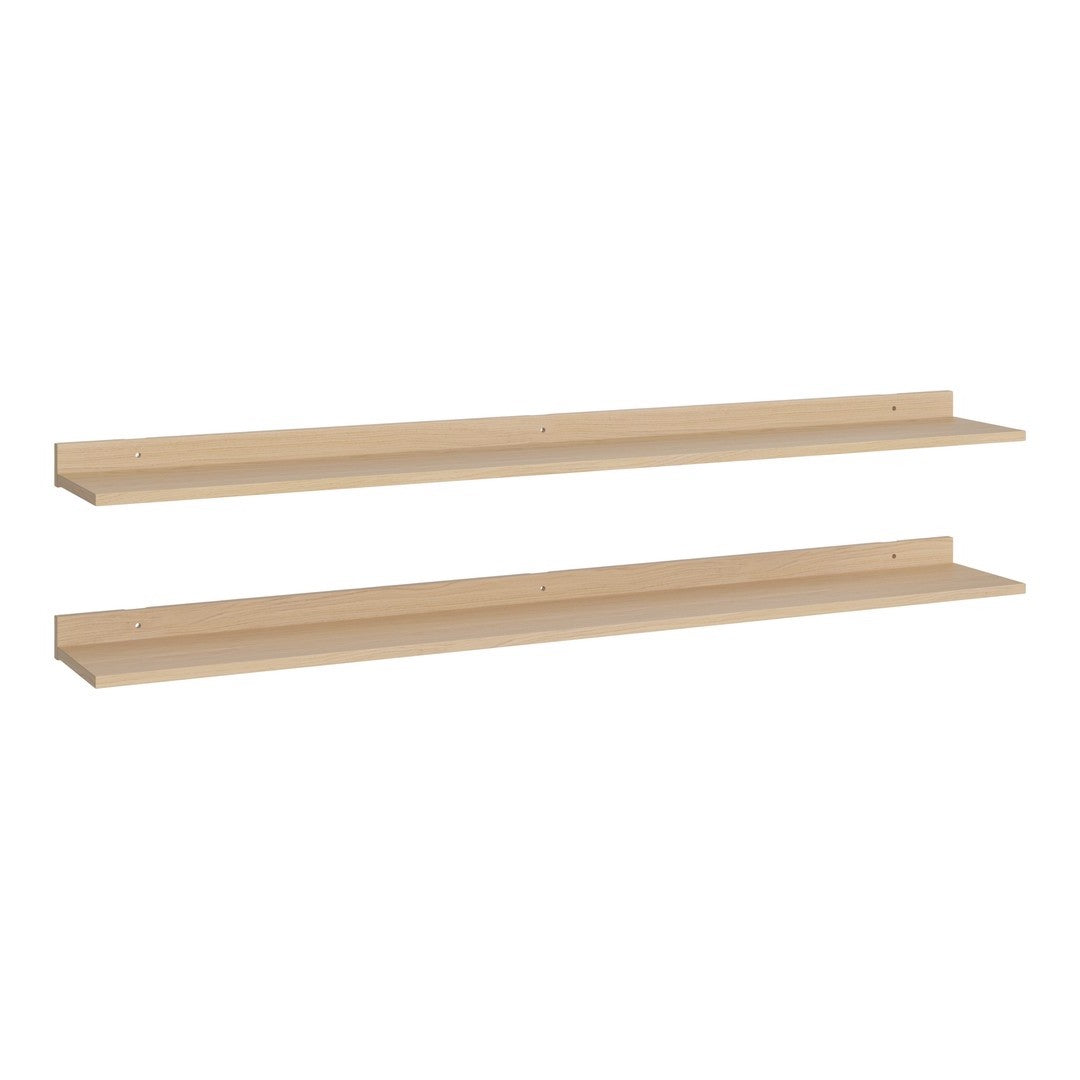 Light natural wood shelves with a smooth, minimalist design, featuring a warm beige color and clean lines.