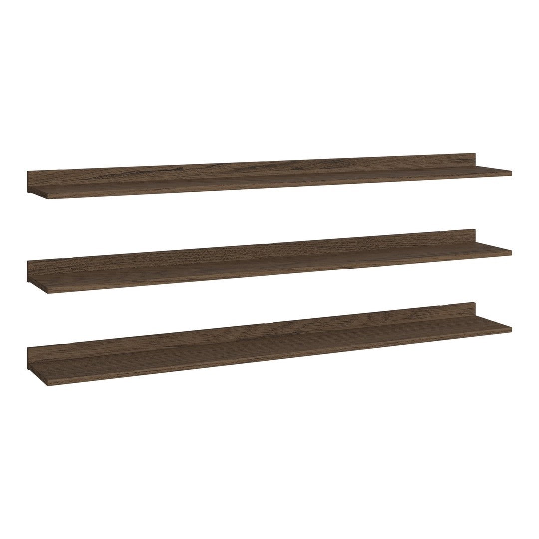 Dark wood floating shelves with a smooth finish, featuring clean lines and a minimalist design for modern decor.