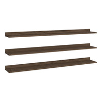 Dark wood floating shelves with a smooth finish, featuring clean lines and a minimalist design for modern decor.