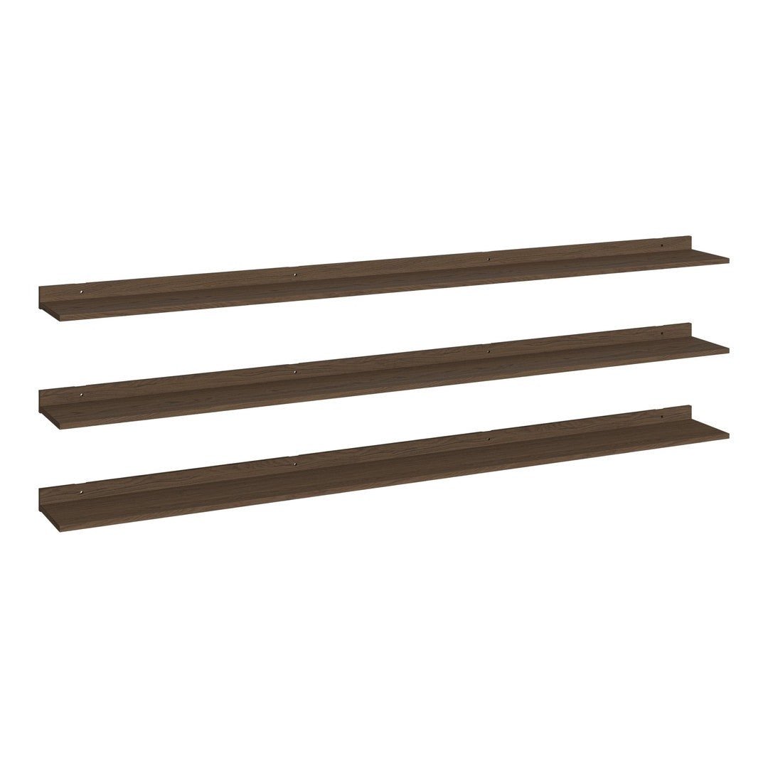 "Three sleek dark brown shelves with a smooth finish, perfect for modern decor."