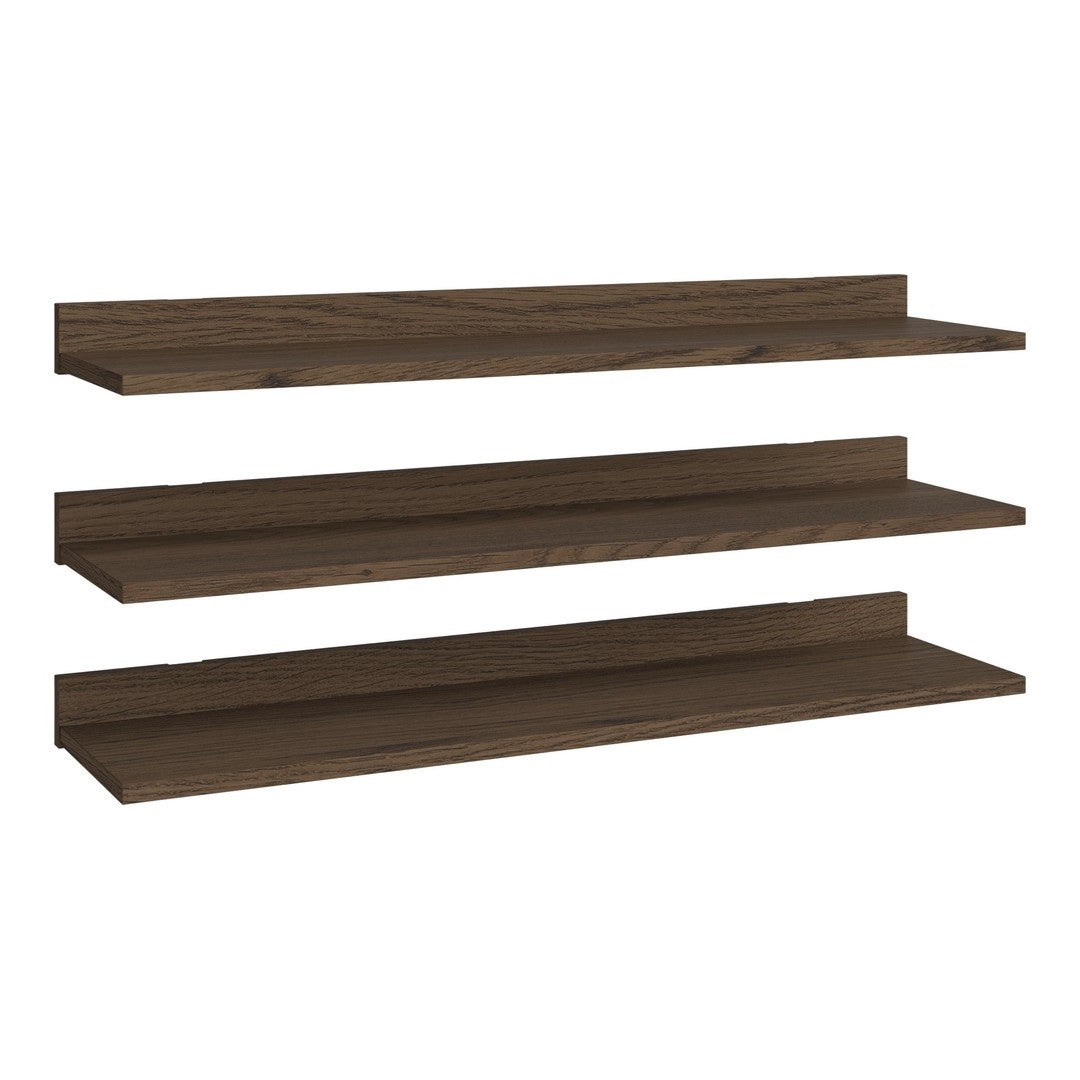 Dark brown wooden floating shelves with a smooth finish and a sleek, minimalist design. Ideal for stylish storage solutions.