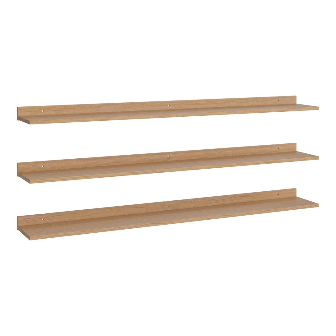 "Natural wood wall shelves in a minimalist design, featuring a light oak finish and a smooth, sleek surface."