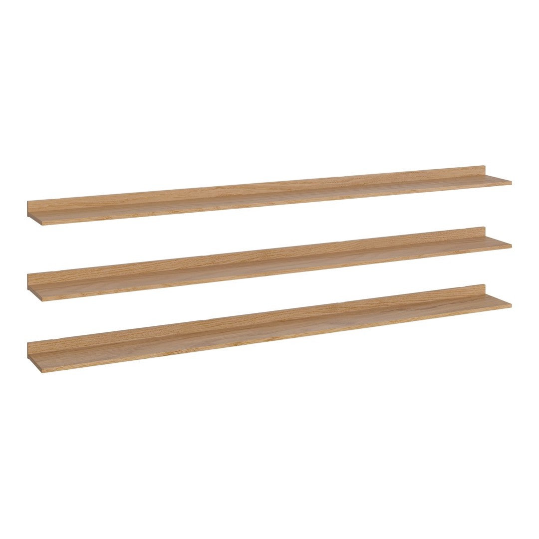 Three wooden shelves in a light beige color, featuring a smooth, minimalist design with no visible patterns.