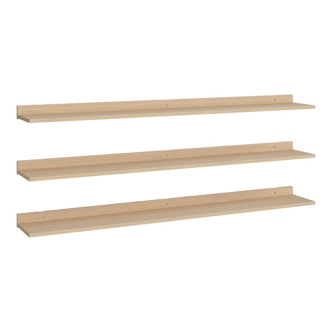 Light wood floating shelves with a smooth, minimalist design, featuring a natural beige tone.