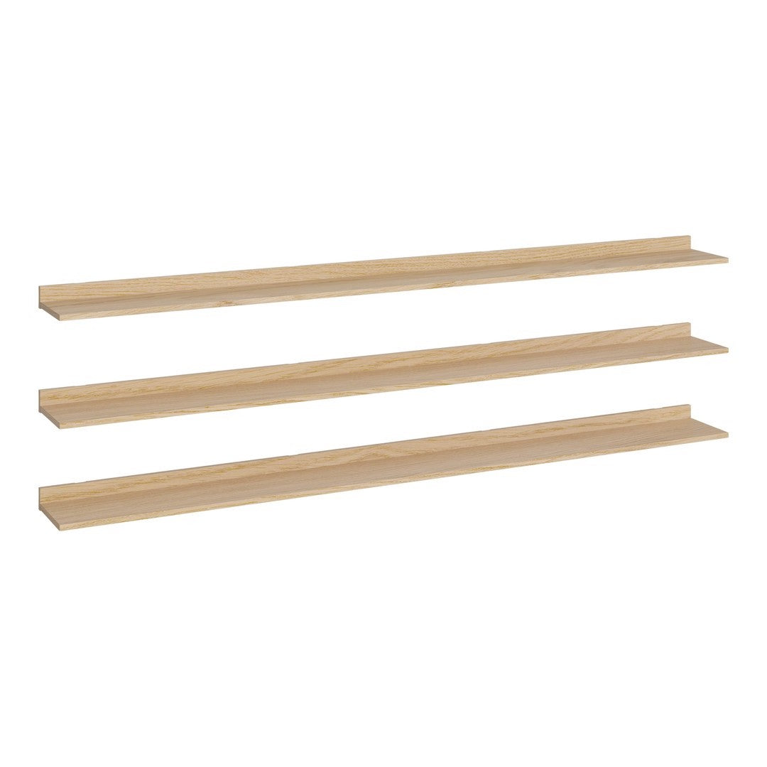 "Light natural wood finish floating shelves with a smooth, minimalist design, perfect for modern decor."