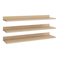 Natural wood floating shelves in light oak finish with a smooth, minimalist design. Perfect for any decor.