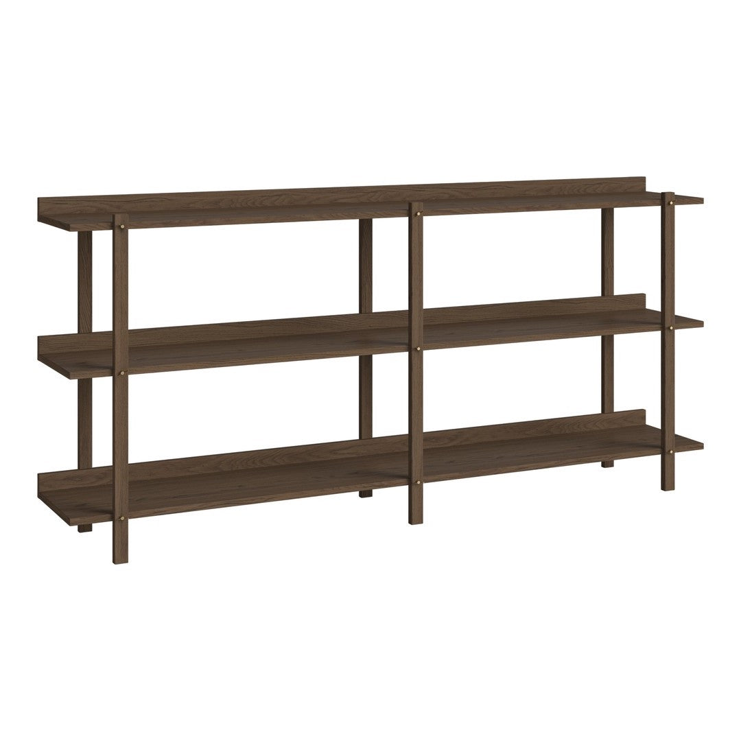 Dark brown shelving unit with a sleek, modern design featuring four open shelves and minimalistic metal frame.