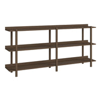 Dark brown shelving unit with a sleek, modern design featuring four open shelves and minimalistic metal frame.