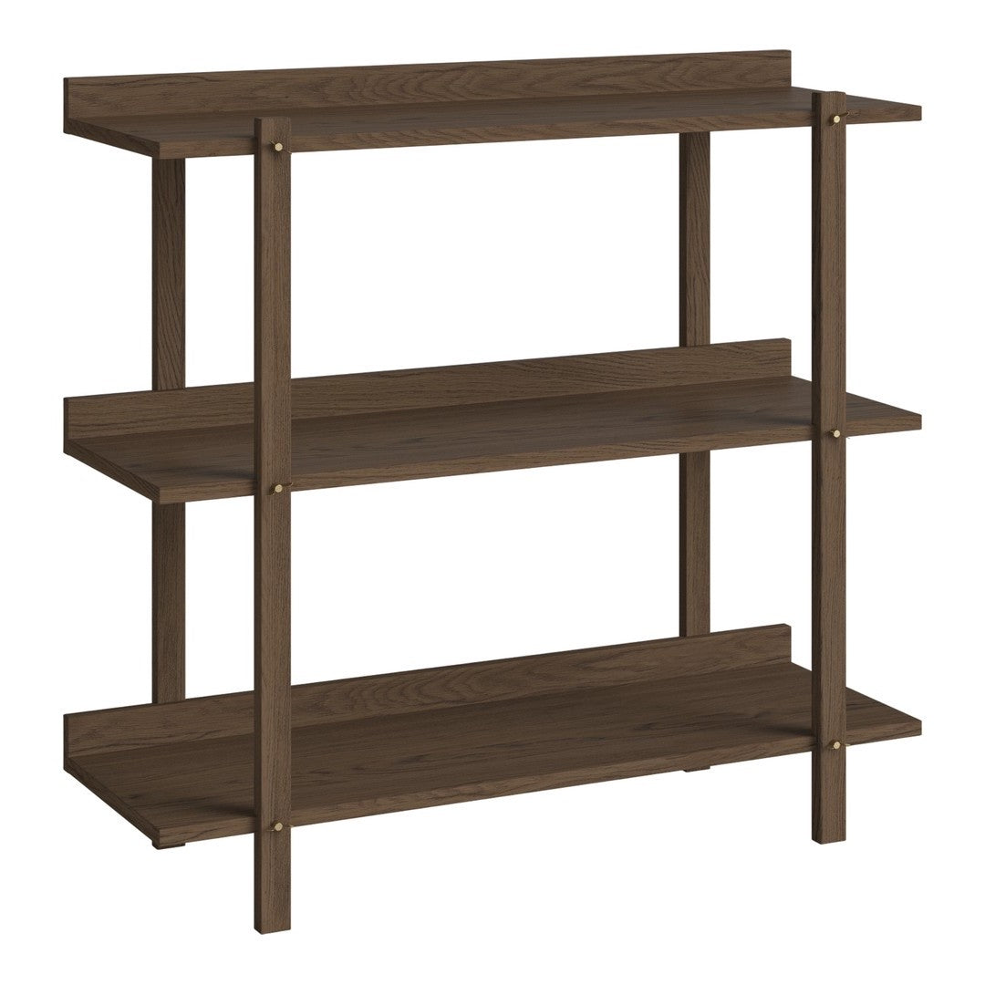 Dark brown wooden shelving unit with a simple, modern design and three open shelves. Ideal for versatile storage.