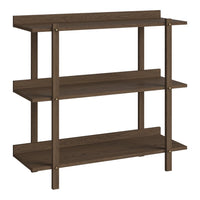 Dark brown wooden shelving unit with a simple, modern design and three open shelves. Ideal for versatile storage.