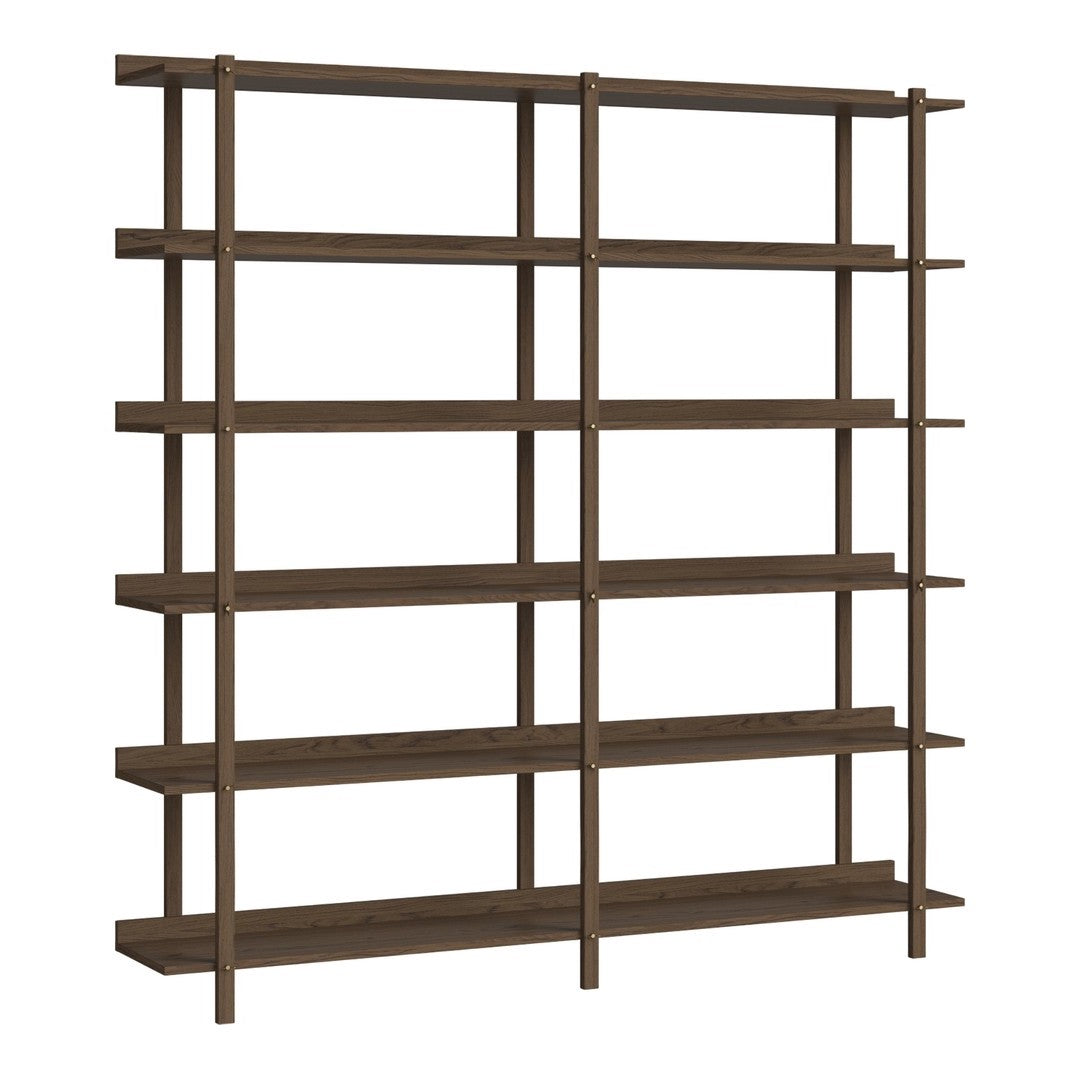 Wooden shelving unit in rich brown with a simple, modern design and multiple horizontal shelves.