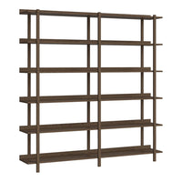 Wooden shelving unit in rich brown with a simple, modern design and multiple horizontal shelves.