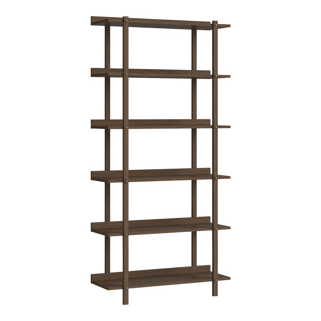 Tall wooden bookshelf in deep brown color with simple, clean lines and horizontal shelving. 