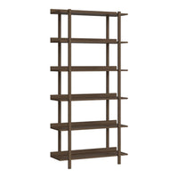 Tall wooden bookshelf in deep brown color with simple, clean lines and horizontal shelving. 