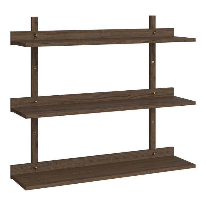 Three-tier floating shelf in a rich walnut finish with smooth, minimalist lines and subtle grain patterns.