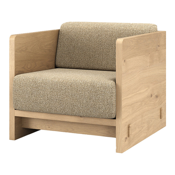 Beige upholstered armchair with light wood frame, featuring a simple, modern design. Ideal for contemporary interiors.