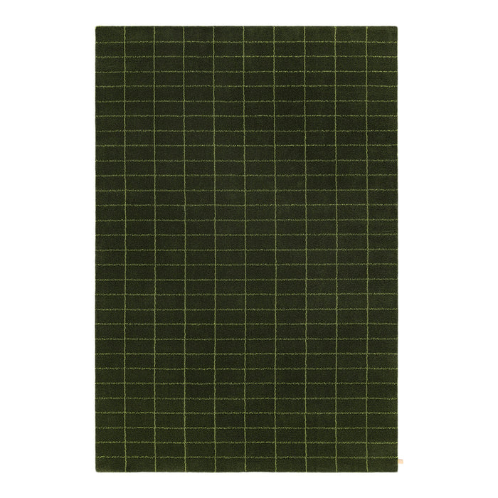 Green rug with a grid pattern featuring thin yellow lines, perfect for modern decor.