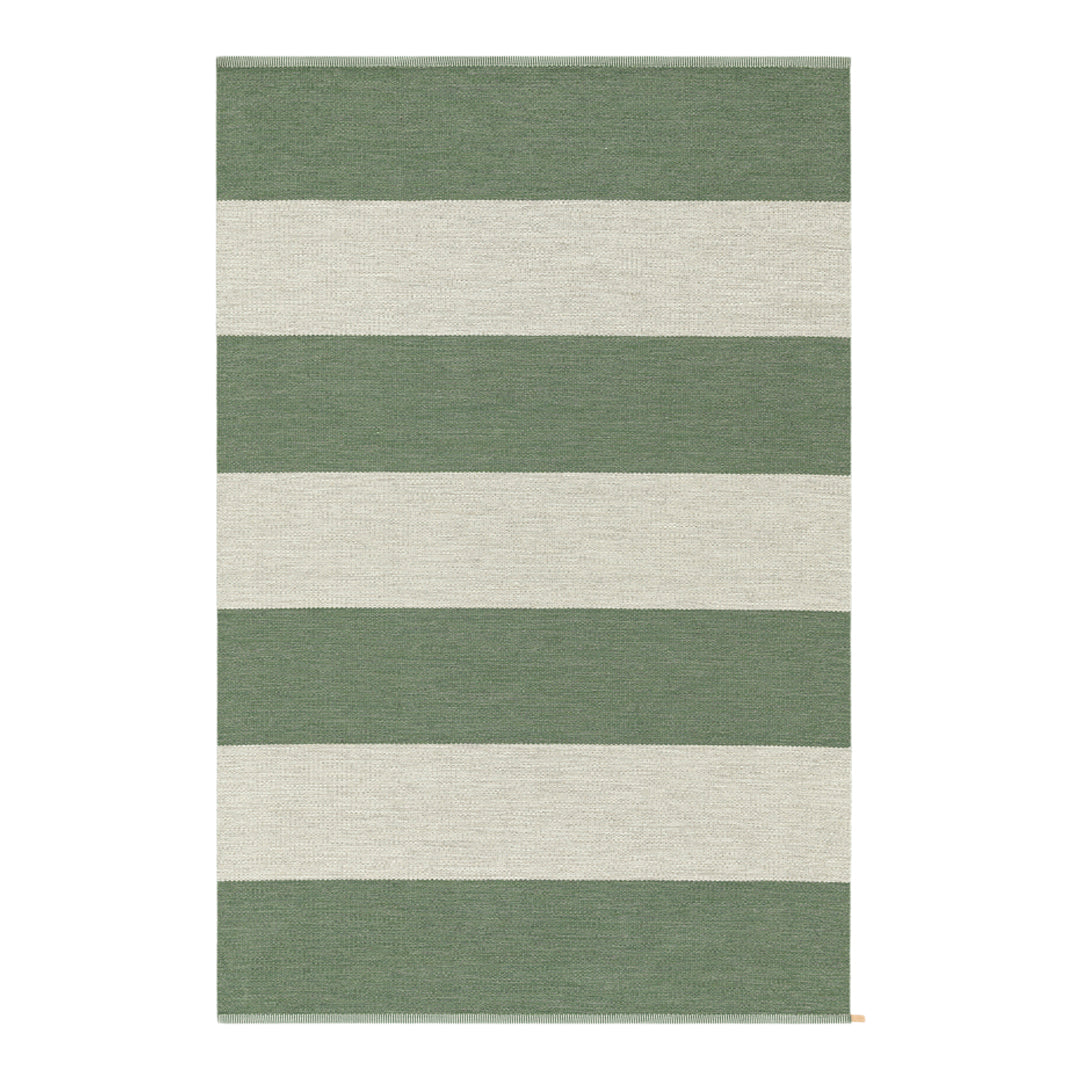Green and beige striped area rug with alternating wide and narrow bands. Ideal for modern decor.