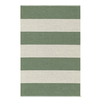 Green and beige striped area rug with alternating wide and narrow bands. Ideal for modern decor.