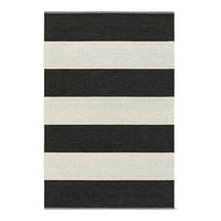 Black and white striped area rug with bold horizontal patterns, ideal for modern decor.