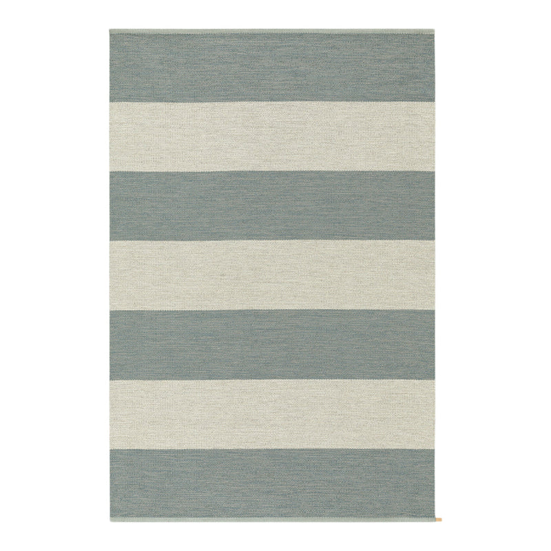 Soft blue and cream striped area rug with alternating wide stripes, ideal for modern home decor.