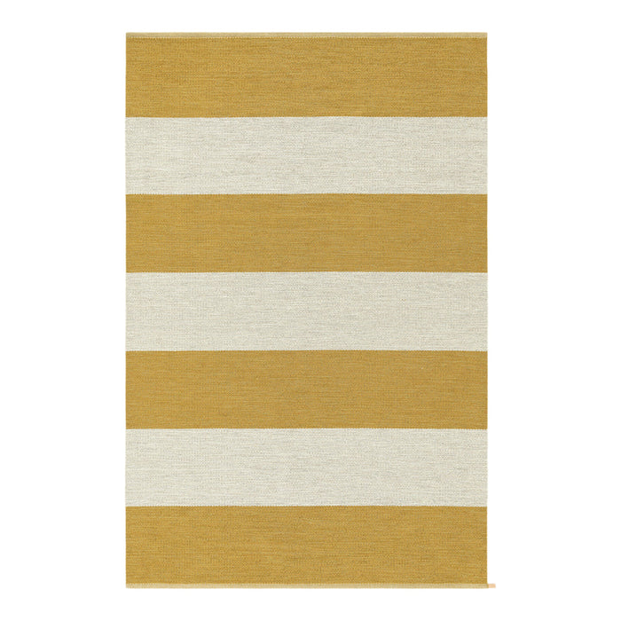 Yellow and white striped area rug with alternating bold stripes for a stylish touch to any space.