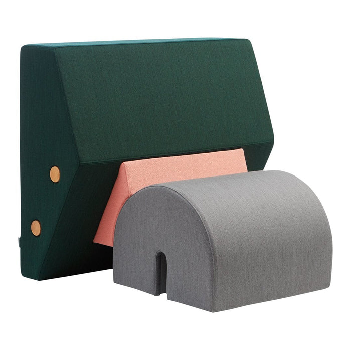 Green, pink, and gray decorative cushions with sleek, modern patterns and geometric shapes. Perfect for stylish decor.