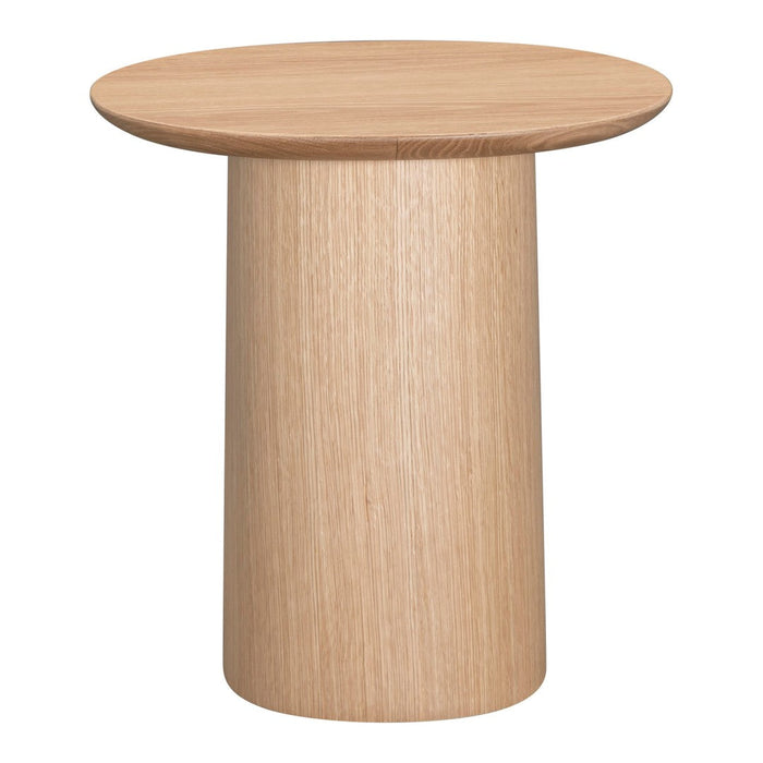 Light oak round side table with a smooth surface and minimalist design, showcasing natural wood grain patterns.
