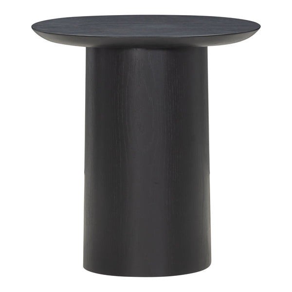 Sleek black wooden side table with a smooth round top and cylindrical base, showcasing a modern minimalist aesthetic.