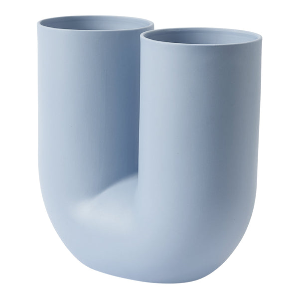 "Light blue, modern dual-chamber vase with a smooth matte finish and minimalist design."