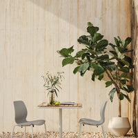 Light gray chairs and a wooden table against a neutral beige wall, complemented by vibrant greenery.