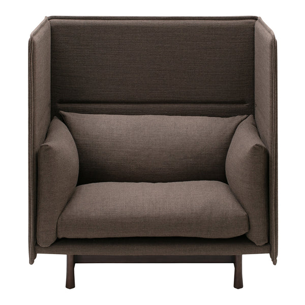 Brown upholstered armchair with a textured pattern and modern, minimalist design. Ideal for cozy spaces.