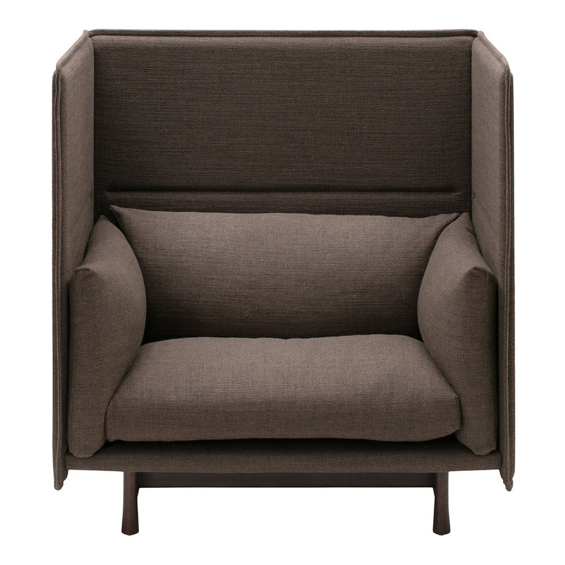 Brown upholstered armchair with a textured pattern and modern, minimalist design. Ideal for cozy spaces.