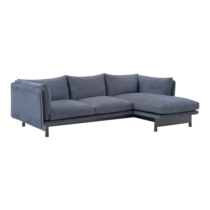 Modern gray sectional sofa with a sleek design and clean lines, featuring a textured fabric finish.