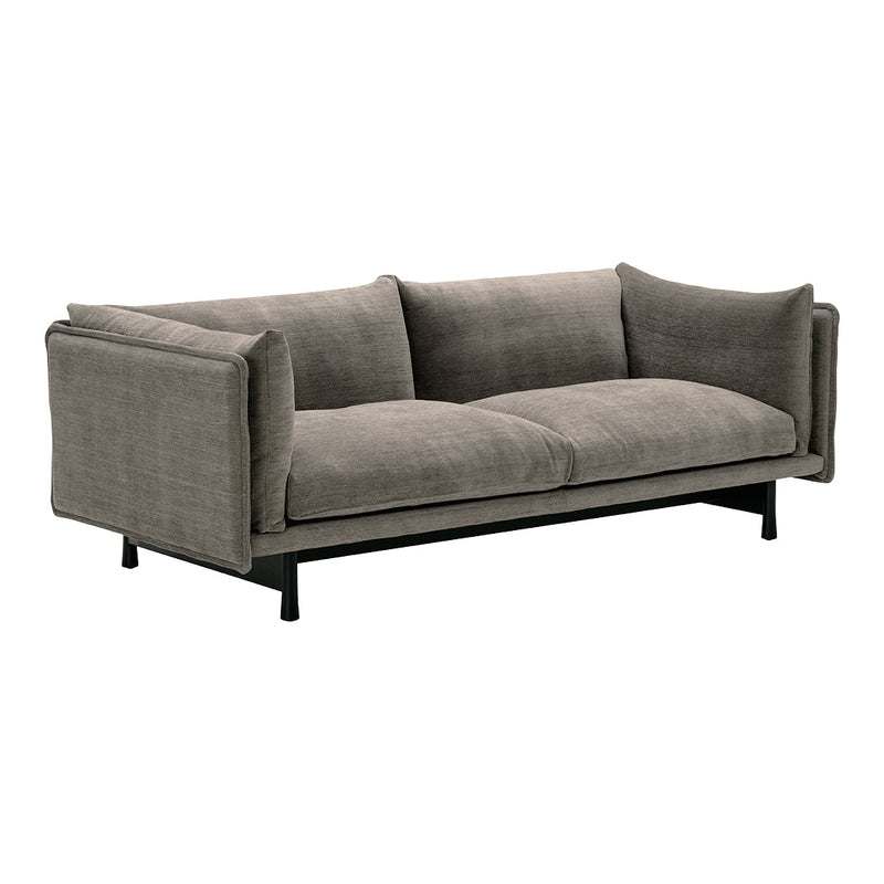 Gray fabric sofa with a sleek design and minimalist black metal legs, perfect for modern interiors.
