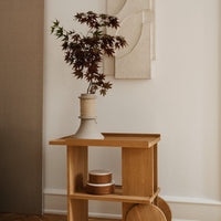 Wooden cart with a natural finish, featuring warm tones and minimalist design, adorned with earthy plants and textures.