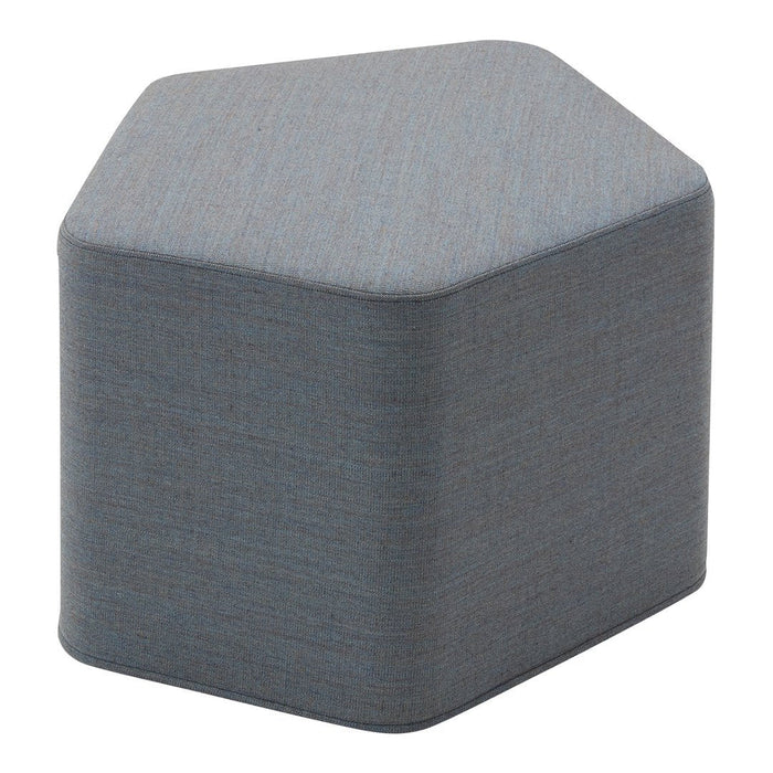 Gray pentagon-shaped ottoman with a textured fabric pattern, perfect for modern decor.