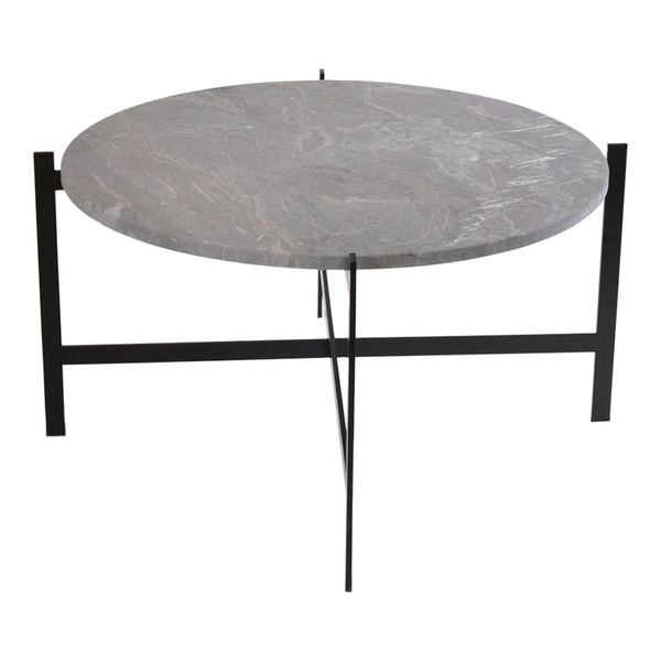 Round gray marble coffee table with subtle veining, supported by a sleek black metal frame. Perfect for modern decor.