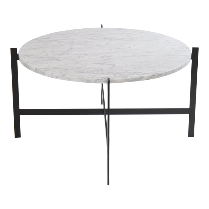 Round marble coffee table with a smooth white surface and black metal legs, offering a sleek modern look.