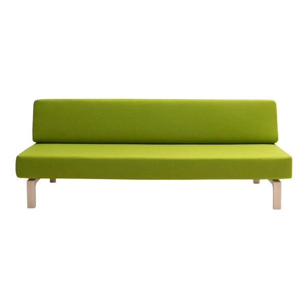 Modern green sofa with a sleek, minimalist design and light wooden legs. Ideal for contemporary interiors.