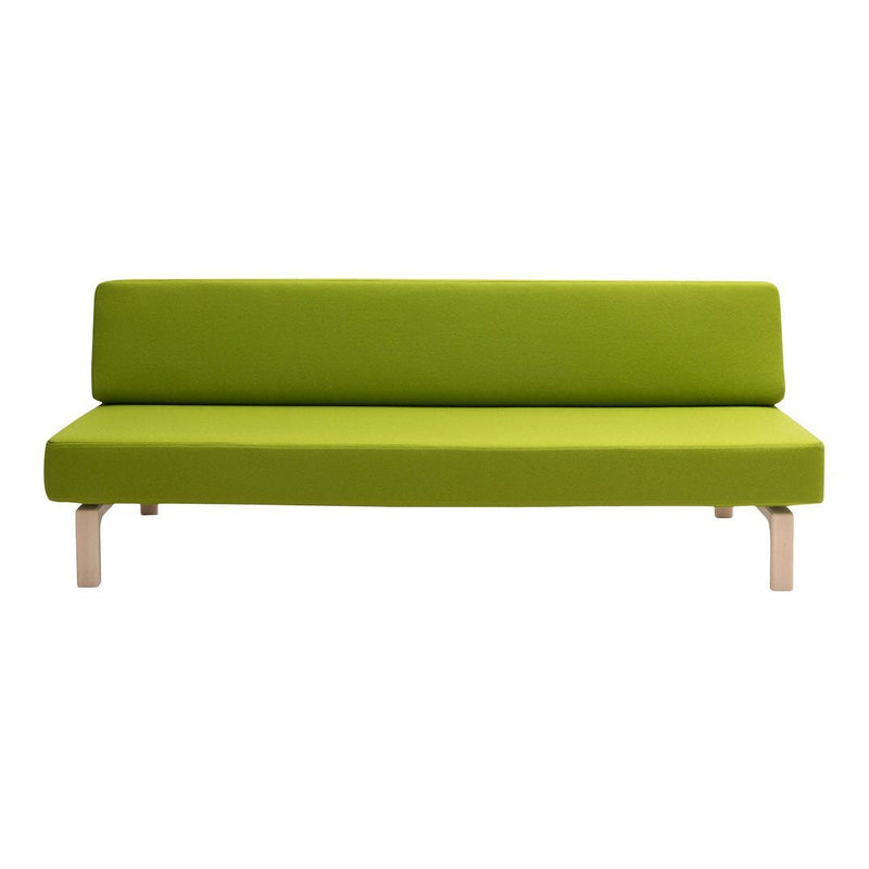 Modern green sofa with a sleek, minimalist design and light wooden legs. Ideal for contemporary interiors.