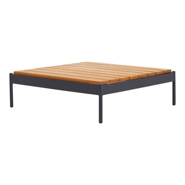 Modern black bed frame with natural wood slats, featuring a sleek, minimalist design and warm tones.