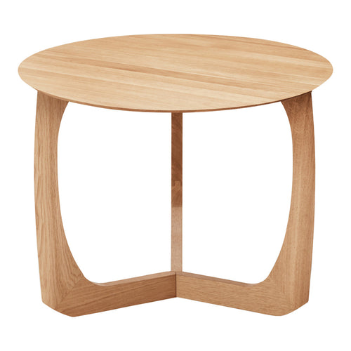 Round light oak table with a smooth wood grain design and minimalist curved legs. Perfect for modern decor.
