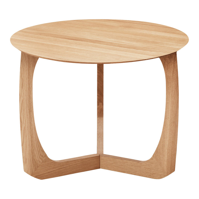 Round light oak table with a smooth wood grain design and minimalist curved legs. Perfect for modern decor.