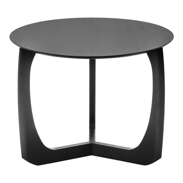 Black round side table with a smooth top and unique curved legs, offering a sleek and modern design.