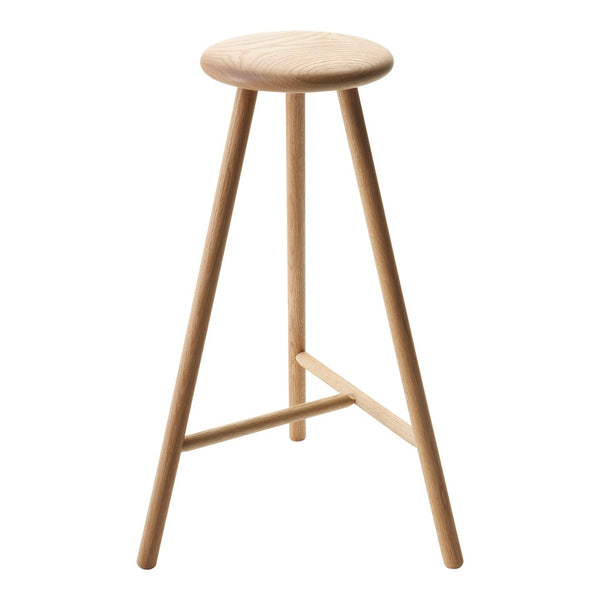 Natural wooden bar stool with a smooth, light finish and minimalist design; features three tapered legs.