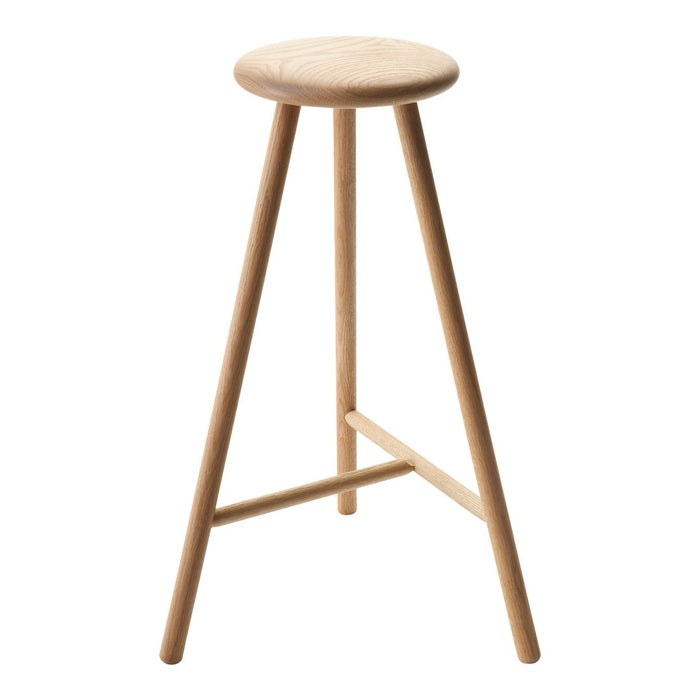 Natural wooden bar stool with a smooth, light finish and minimalist design; features three tapered legs.
