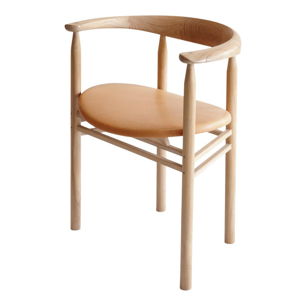 Light wood chair with a smooth, natural finish and a warm, beige cushion, showcasing minimalist design and soft curves.